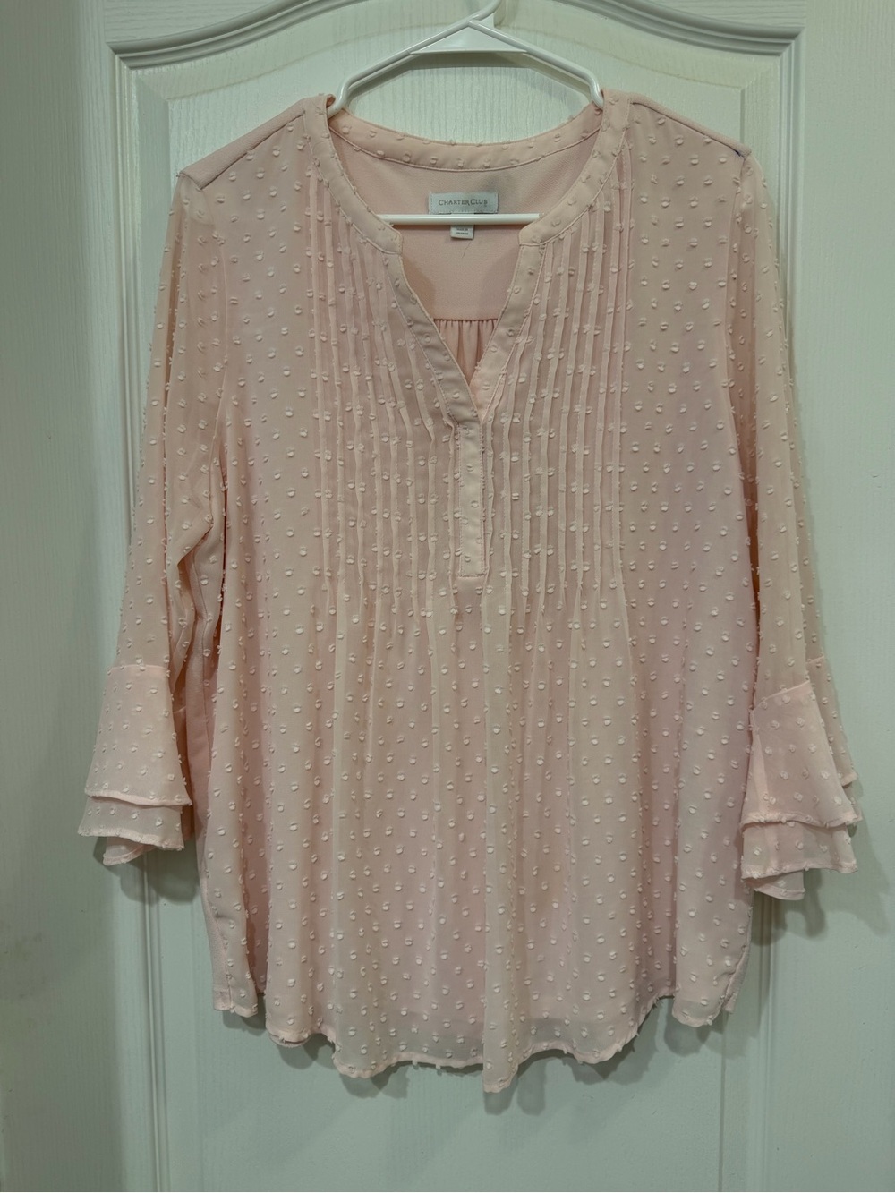 Charter Club Petite PL Pink Swiss Dot Pintuck Ruffle Sleeve Blouses
